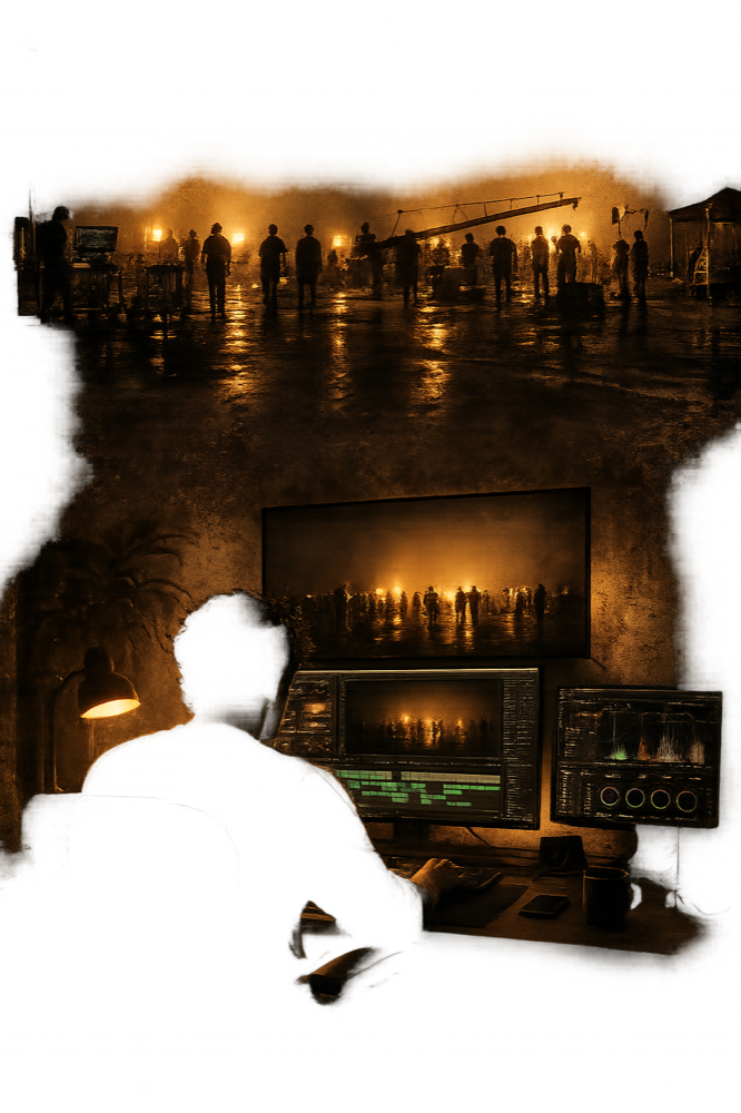A colorist grading a night-shoot in a dark suite, the set above on the monitors